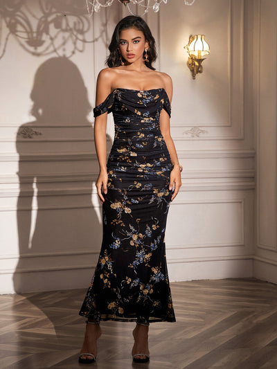 Ruched Off Shoulder Zipper Back Floral Bodycon Dress